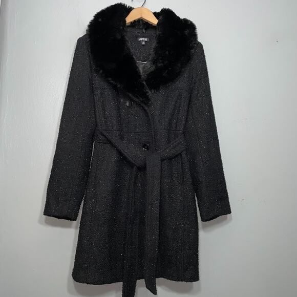 Black Metallic Sparkle Belt Jacket Size 12 Tweed Coat Faux Fur Collar Whimsigoth - Picture 1 of 16